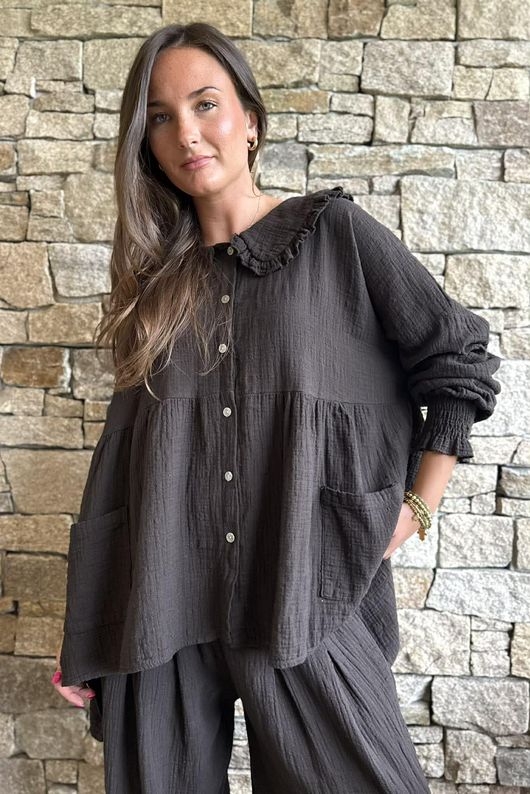 Annie Cushion Cotton Peter Pan Smock Blouse Chocolate